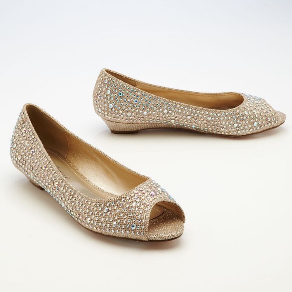 Peep Toe Gold Rhinestone Flats